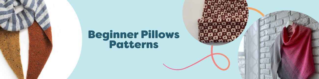 Assortment of beginner-friendly handmade pillows in soft yarns, knitted and crocheted, styled on a sofa in cozy neutral and colorful tones.