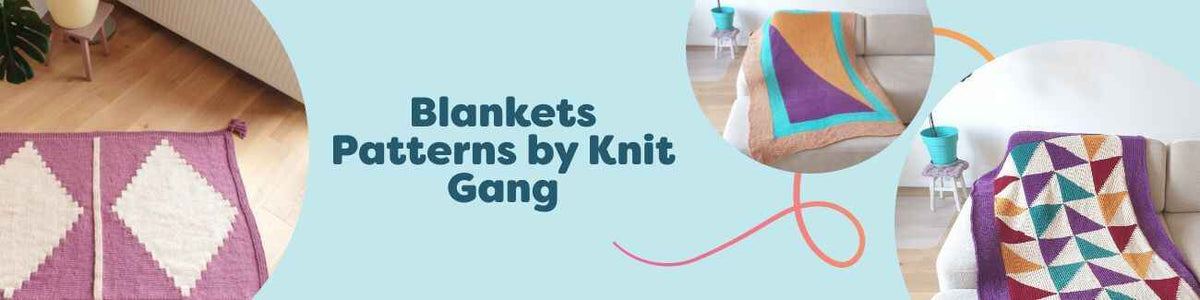 Collection image showing Knit Gang blanket patterns from Hobbii: cozy, textured throws in modern colors for knitters and crocheters.