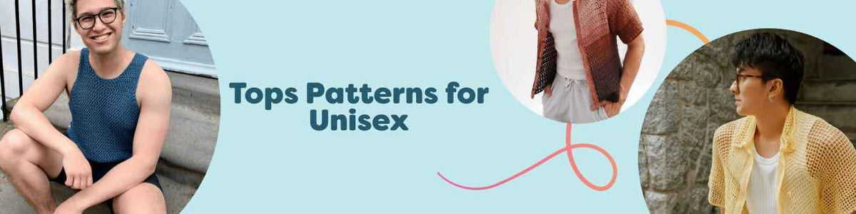 Unisex tops patterns from Hobbii: knit and crochet shirts and tanks, shown on neutral models with yarn suggestions.