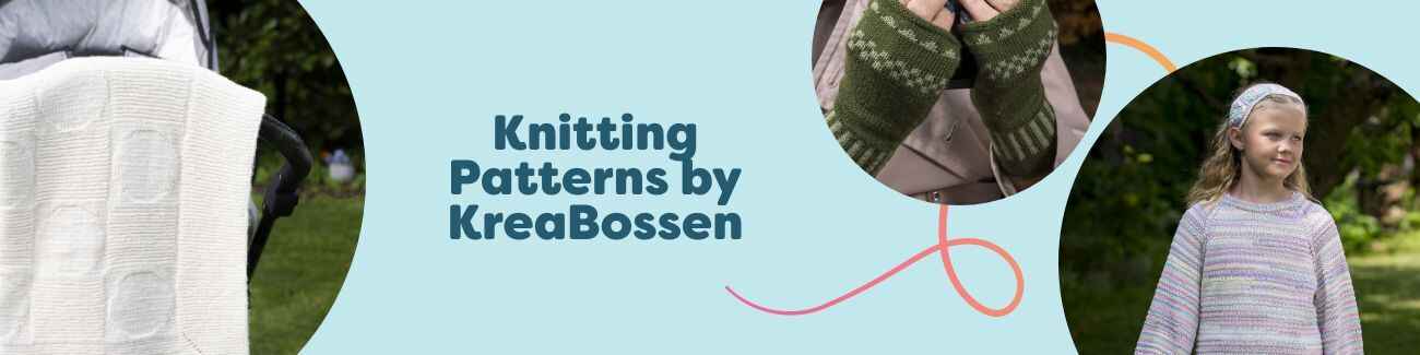 Collage of KreaBossen knitting patterns: baby blanket, mittens, children’s sweater, Christmas sock, and tee, styled with Hobbii yarn.
