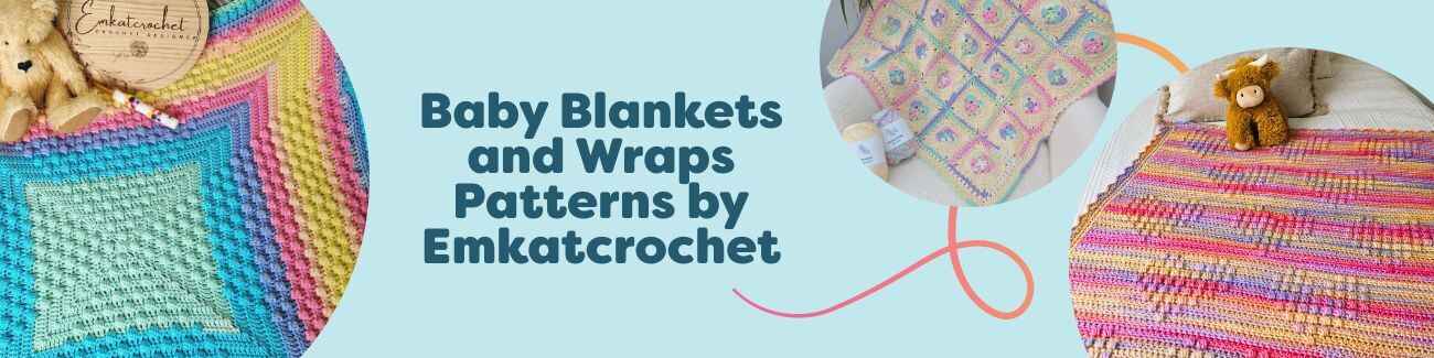 Assorted baby blanket crochet patterns by Emkatcrochet, featuring floral, heart, and bobble textures in soft pastel yarns from Hobbii.