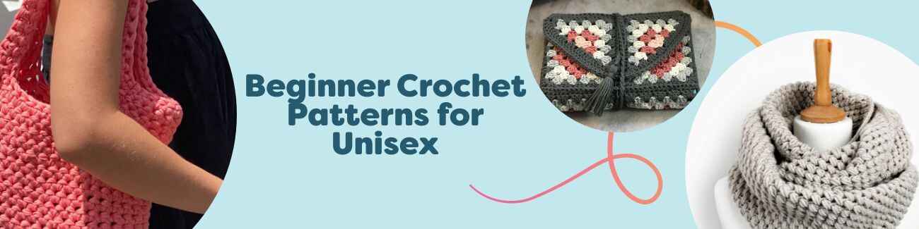 Assorted unisex beginner crochet projects—scarf, hat, cardigan, bag—made with Hobbii yarns.