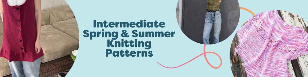 Collage of free intermediate spring and summer knitting patterns from Hobbii: lightweight tops, dresses, and ponchos in breathable yarns.