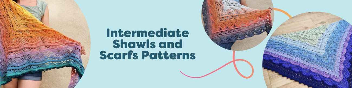 A curated selection of intermediate shawl and scarf patterns for knitting and crochet from Hobbii, featuring lace, cables, texture, and colorwork.