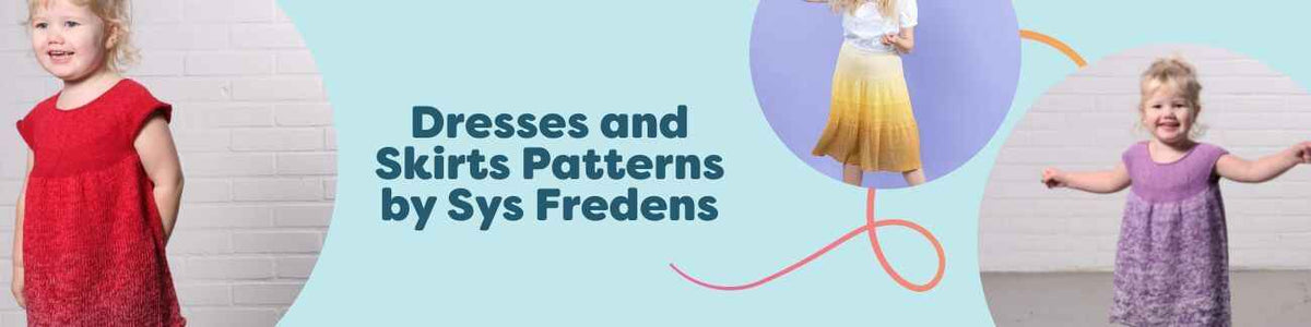 A curated grid of free Sys Fredens dress and skirt patterns from Hobbii, featuring elegant handmade garments styled in soft yarns.