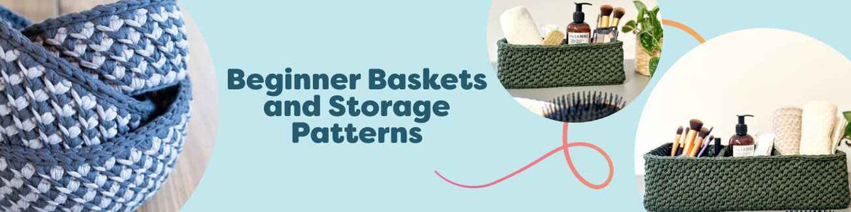 Assorted crochet and knit storage baskets—round, oval, and compartment styles—in neutral yarns on shelves and a table; beginner-friendly Hobbii patterns.