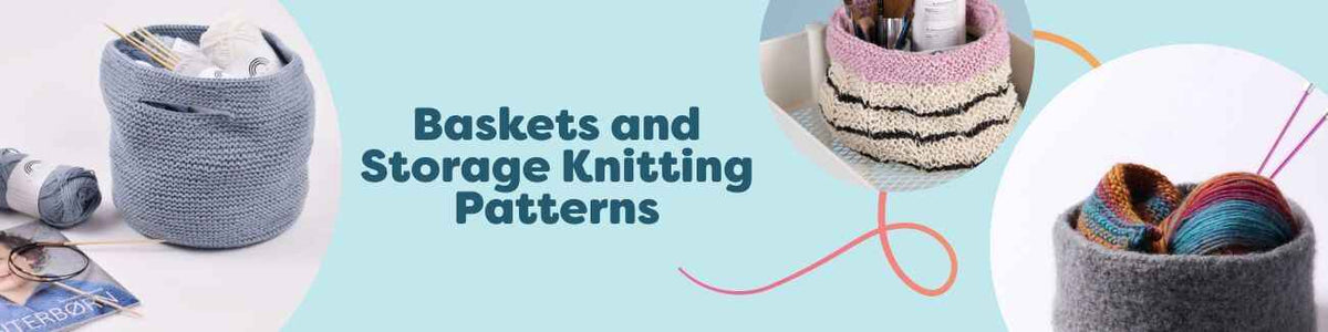 Assorted knitted baskets, square bins, and a yarn bag in neutral tones on shelving; collection of baskets and storage knitting patterns by Hobbii.