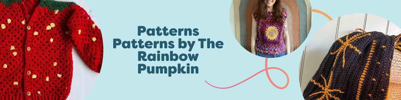 Colorful crochet designs by The Rainbow Pumpkin at Hobbii: strawberry kids cardigan, sunburst adult top, starry blanket, bunny bucket hat, watermelon bonnet.