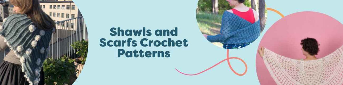 Assorted crocheted shawls and scarves in airy wraps and cozy textures, featuring free Hobbii patterns made with soft yarns in varied colors.