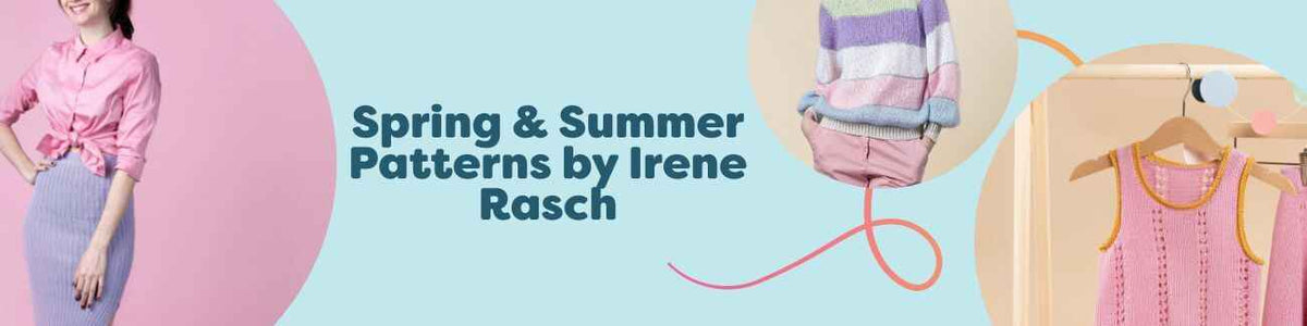 Crochet collection by Irene Rasch with airy tops, skirts, and a jumper in lightweight spring and summer yarns, styled for warm weather.