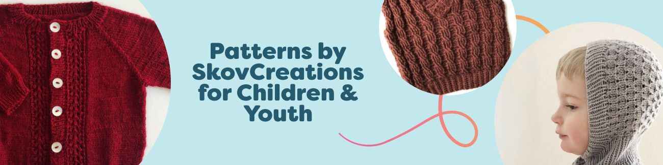 SkovCreations kids and youth patterns—knit and crochet sweaters, cardigans, vests, and hats in soft Hobbii yarns, shown on child models.