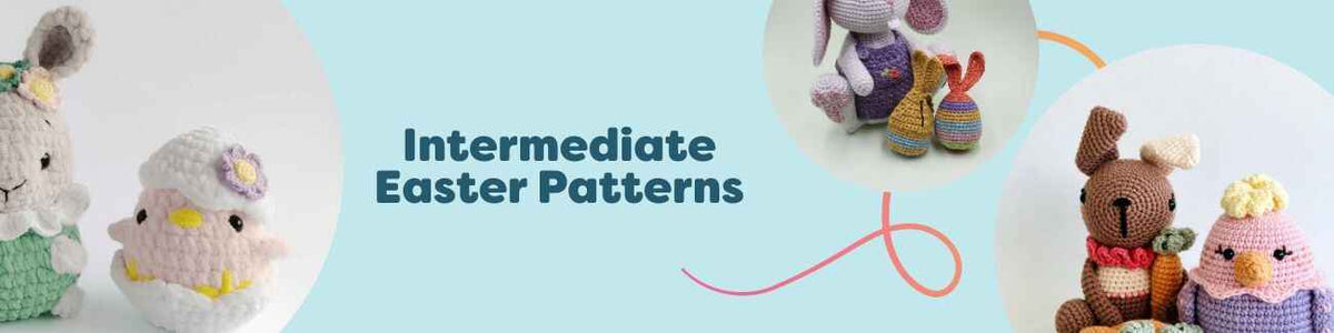Intermediate Easter crochet and knit patterns from Hobbii: bunnies, hens, egg cozies, sheep, and spring decor in soft pastels.