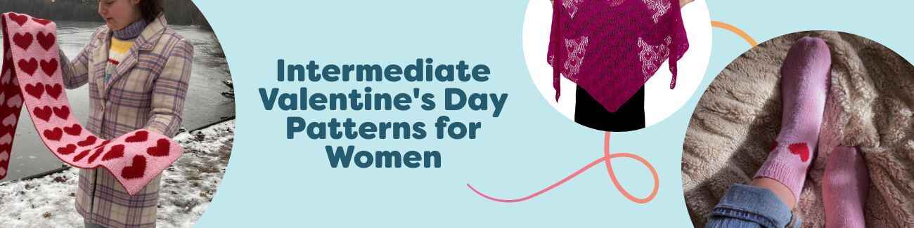 Women’s Valentine’s-themed intermediate knit and crochet projects—lacy shawl, heart scarf, cozy socks—in pink and red Hobbii yarns.