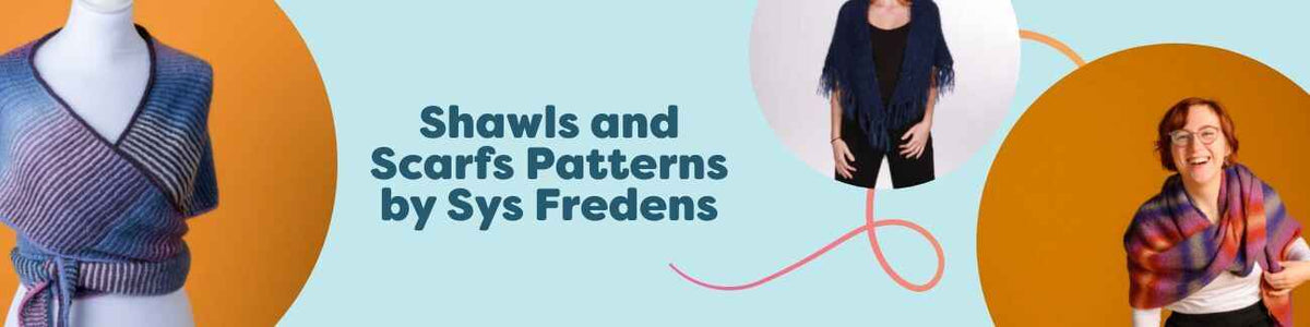 Free shawl and scarf patterns by Sys Fredens from Hobbii, shown as a collage of knit and crochet styles in soft, colorful yarns.