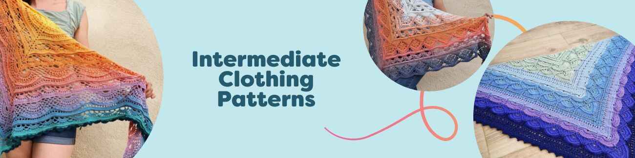 Assorted intermediate crochet and knit clothing patterns from Hobbii—shawls, sweaters, and cardigans styled with coordinating yarn in warm, modern colors.