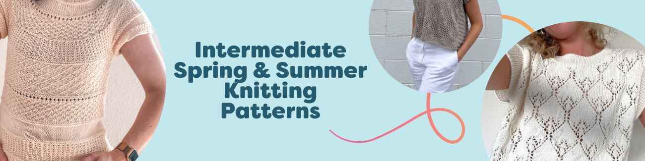 Assorted intermediate spring and summer knitting patterns from Hobbii, featuring lightweight tees, tops, and jumpers in breathable yarns.