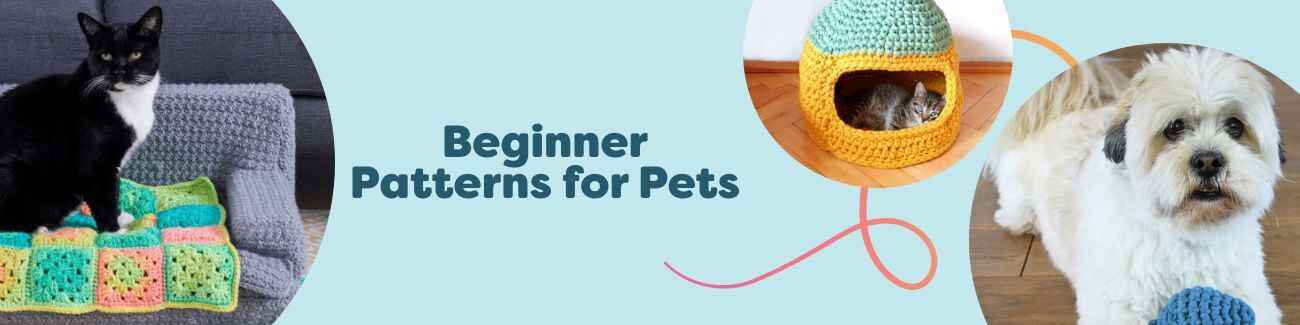 A grid of free beginner-friendly pet patterns from Hobbii: crochet cat houses, dog toys, and cozy pet beds in soft yarns for cats and dogs.