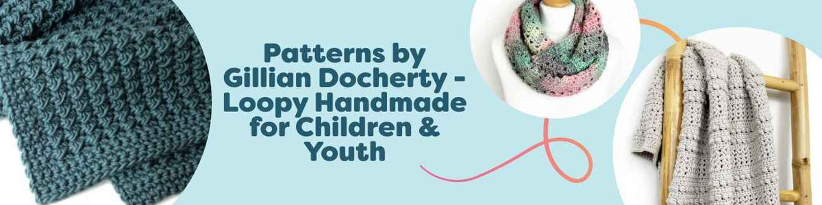 Flat lay of Gillian Docherty's Loopy Handmade kids patterns—beanies, blanket, throw, and infinity scarf—stitched in bright, soft Hobbii yarns.