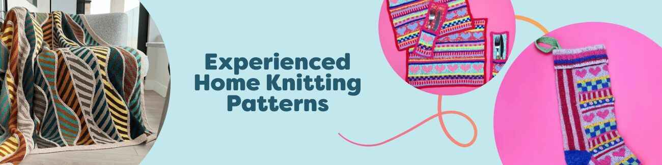 Collection of experienced home knitting patterns from Hobbii featuring a textured blanket, Fair Isle dining set, cozy cushions, and a festive Christmas stocking styled in a modern living space.