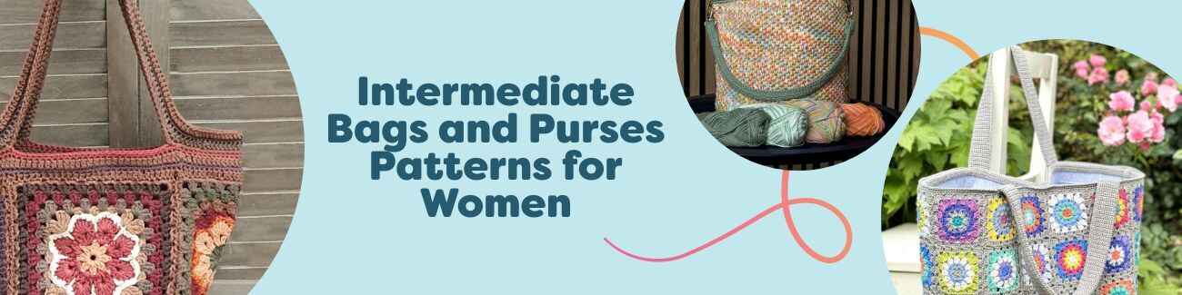 Assorted women’s crochet bags and purses in varied colors—tote, crossbody, and clutch—showing intermediate stitches, texture, and neat finishes.