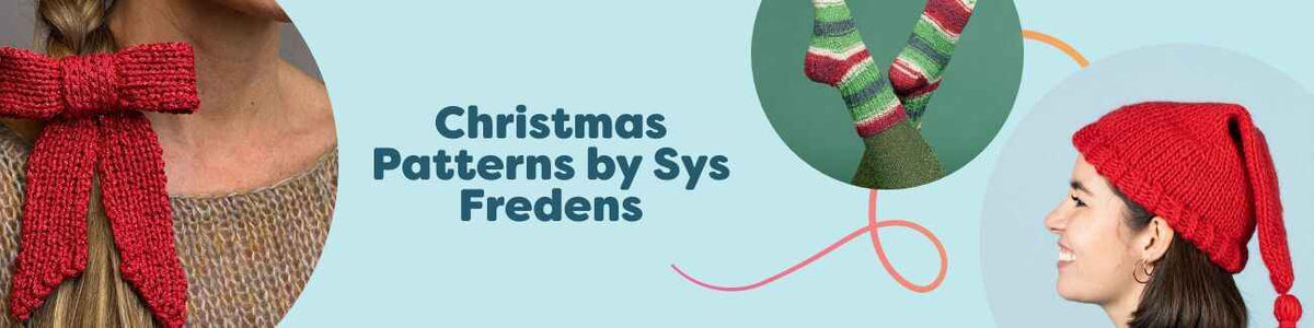 Assortment of free Christmas knitting and crochet patterns by Sys Fredens from Hobbii, featuring festive socks, hats, and a knitted bow on a holiday backdrop.