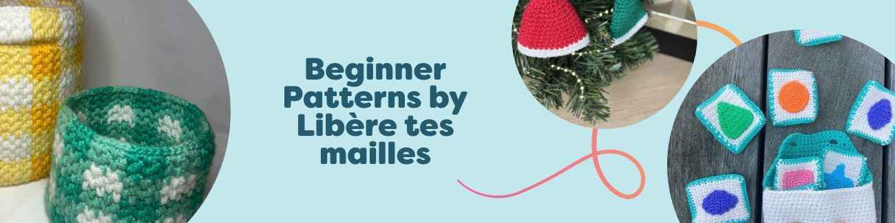 Collage of beginner-friendly knit and crochet patterns by Libère tes mailles at Hobbii—coasters, baskets, ornaments, numbers, and a memory game.