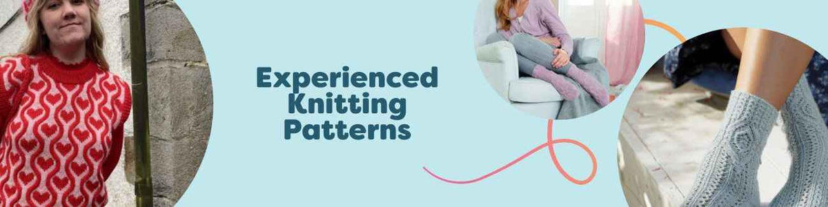 Selection of free experienced knitting patterns from Hobbii featuring cable-knit socks, a textured vest, and charted motifs with yarn and needles.