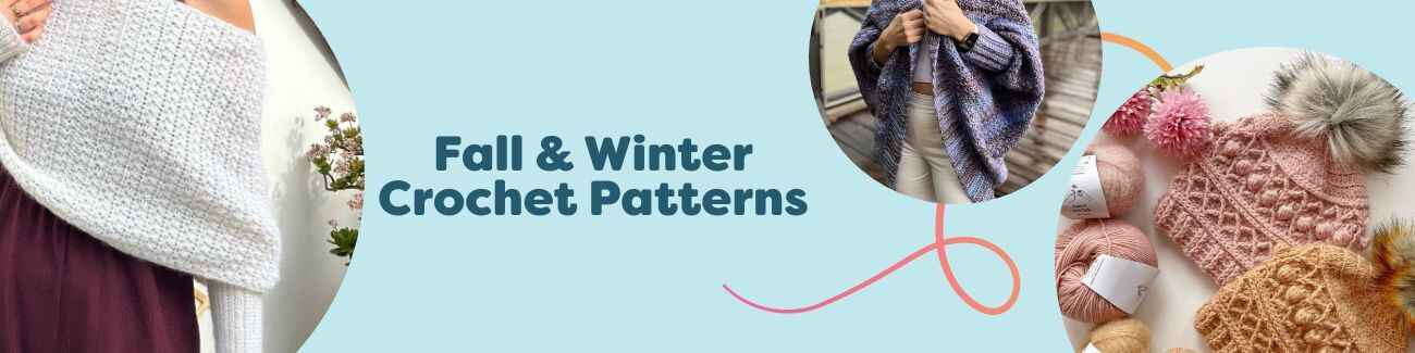 Fall and winter crochet pattern assortment featuring a beanie, shawl, wrist warmers, cocoon cardigan, and color‑block sweater in warm seasonal tones.