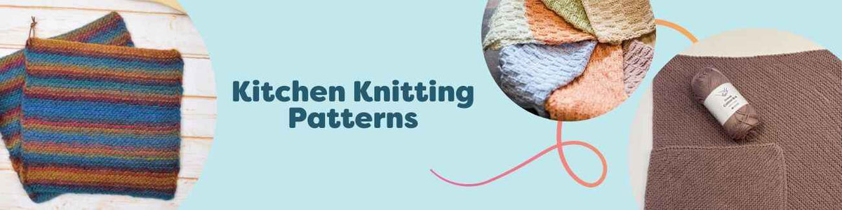 Assorted hand-knit kitchen dishcloths, towels, and potholders made with Hobbii cotton yarns on a wooden countertop.