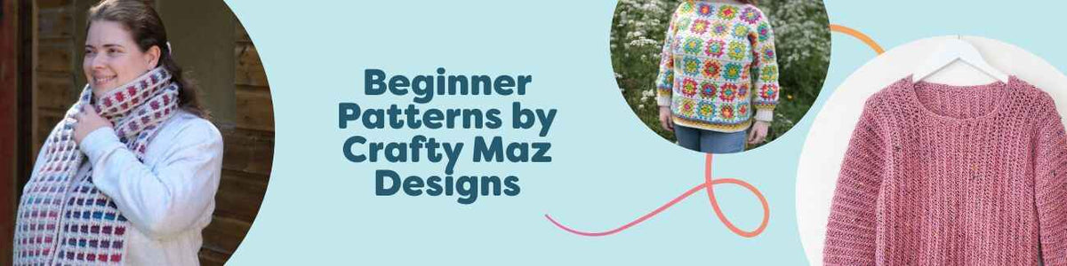Beginner-friendly knit and crochet patterns by Crafty Maz Designs—scarf and sweater projects shown with Hobbii yarn.