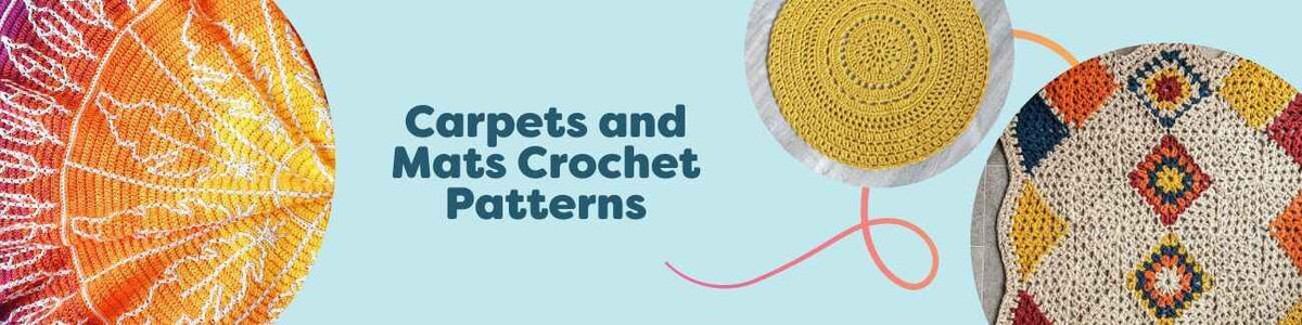 Crochet rugs and floor mats in a cozy home setting—mosaic, loopy, Moroccan, and minimalist styles—made with Hobbii yarn.