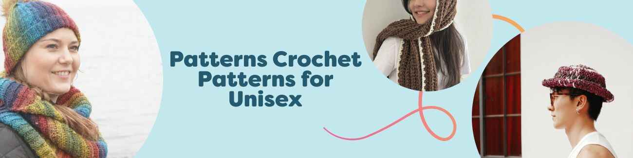 Assortment of free unisex crochet patterns from Hobbii, featuring a scarf, hat, and crochet tops in neutral tones.