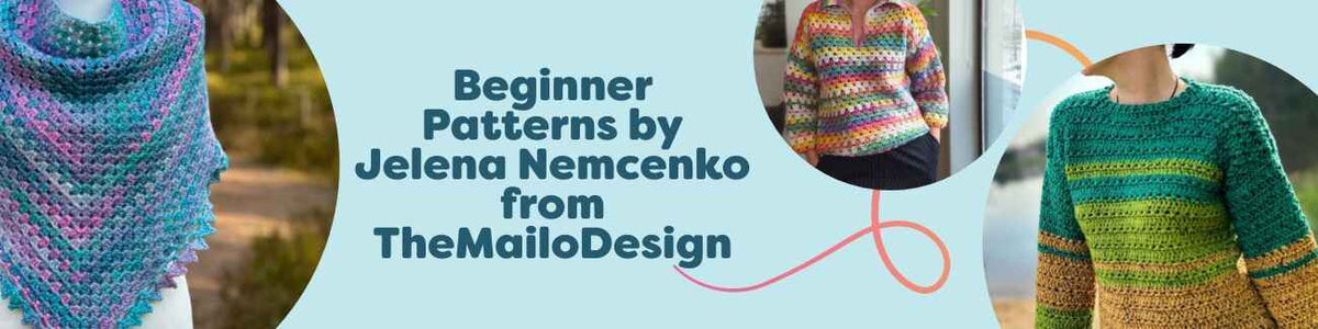 Beginner knit and crochet patterns by Jelena Nemcenko (TheMailoDesign) at Hobbii, featuring a shawl, sweaters, scarf, and vest made with soft yarns.