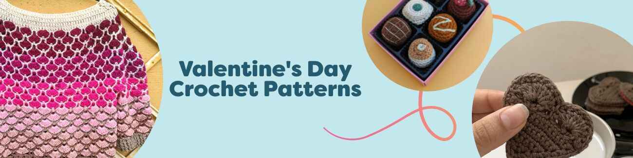 Collage of free Valentine’s Day crochet projects from Hobbii: heart sweater, cookie plush, filled chocolates, berry motifs, and mini gift bags in pink and red yarn.