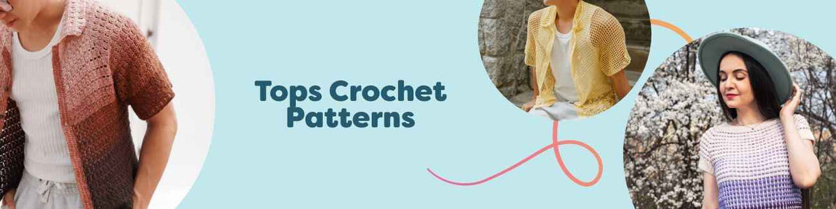 Collage of free crochet tops from Hobbii—tanks, tees, shirts, and a light cardigan—shown on models in various colors and stitch textures.