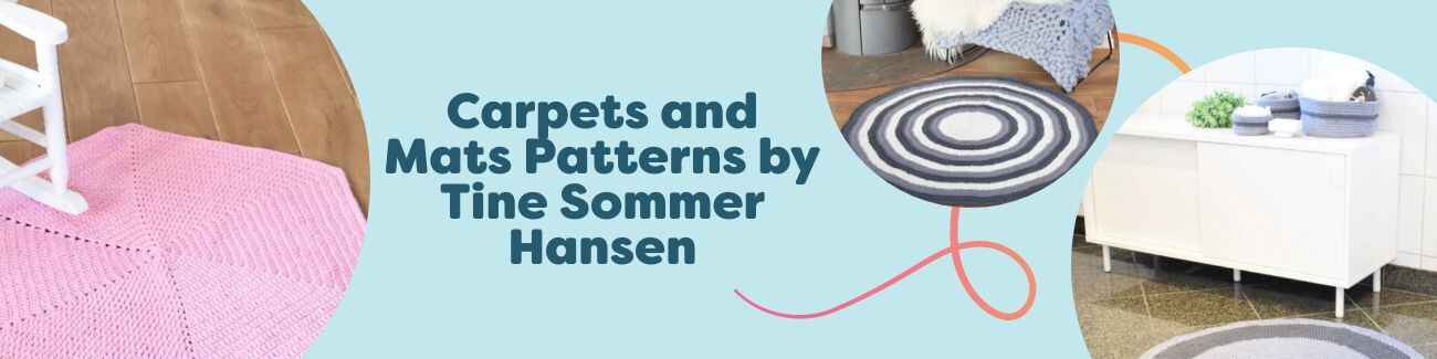 Collage of five crochet rug and mat patterns by Tine Sommer Hansen—Ribbon Round Rug, Ribbon Bathroom Mat, Ribbon Owl Rug, and BabyRoom designs.