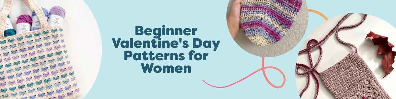 Beginner Valentine's Day patterns for women by Hobbii, featuring heart-themed knitting and crochet projects: phone bag, mittens, pouch, fingerless gloves, and bag.