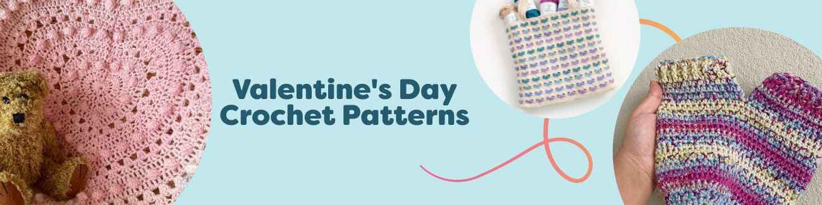 Valentine's Day crochet patterns from Hobbii: heart blanket, heart bag, love pillow cushion, hand-holding mittens, and piglet amigurumi displayed with yarn.