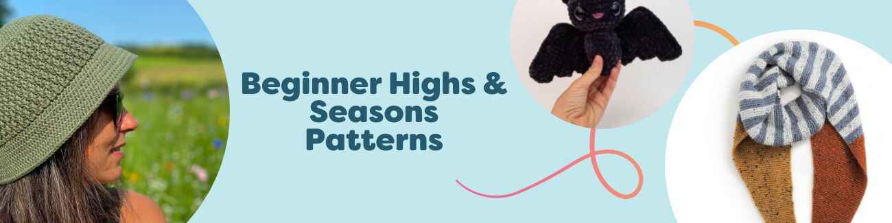 Collage of beginner and seasonal knit and crochet projects from Hobbii: a summer bucket hat, cozy scarf, wrist warmers, and a cute bat amigurumi, styled with colorful yarn, needles, and hooks.