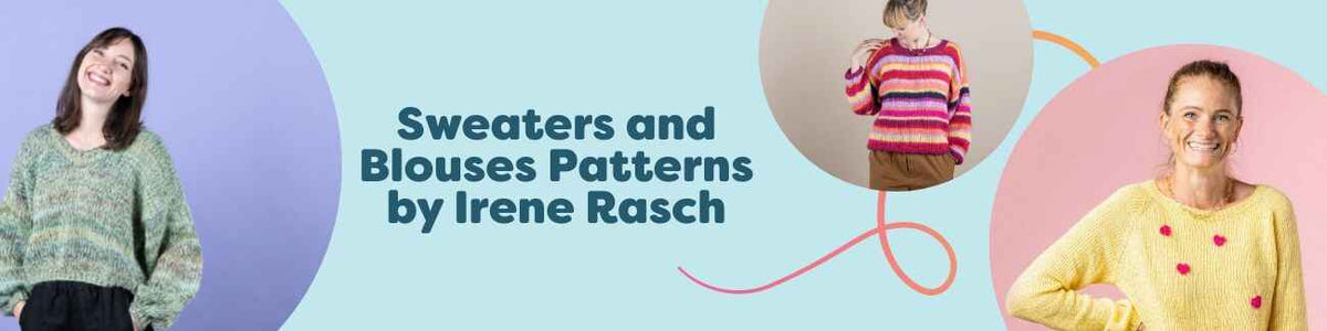 Selection of free crochet sweater and blouse patterns by Irene Rasch from Hobbii, showing varied styles, sizes, and textures for intermediate makers.