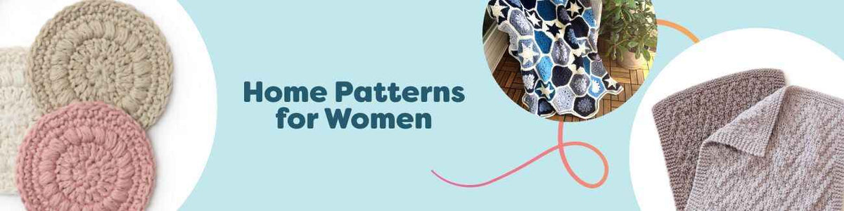 Hobbii home crochet collection for women featuring a starry blanket, chevron washcloth, loopy face scrubby, make-up pads with pots, and a checker makeup pouch in soft cotton yarns.