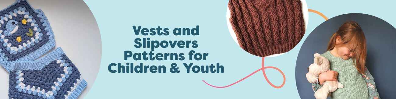 Children wearing handmade knit and crochet vests and slipovers in various colors; kids and youth sizes from Hobbii.