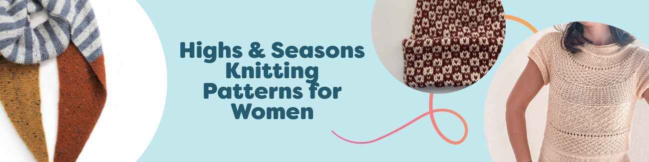 Collage of women’s knitting patterns from Hobbii: summer tops, T-shirts, cozy scarves, beanies, and cardigans in seasonal yarns.