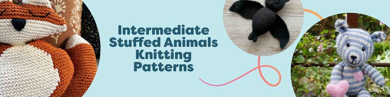 Grid of intermediate stuffed animal knitting patterns from Hobbii: teddy, ragdoll fox, bat, mama chicken, and pumpkin bear made in soft, cozy yarns.