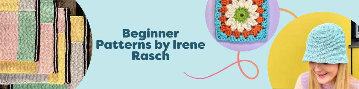 Collage of Irene Rasch’s beginner crochet patterns at Hobbii: Daisy and Sunflower granny squares, a bucket hat, a napkin, and a mat made with colorful yarn.