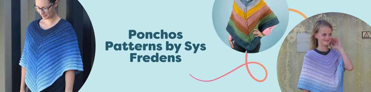 Collage of free knit and crochet poncho patterns by Sys Fredens from Hobbii, showing adult and kids ponchos in neutral and summer colors.