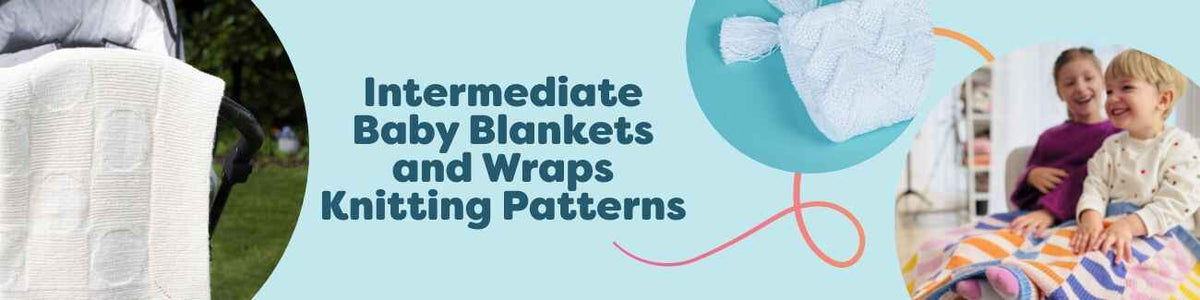 Assorted intermediate baby blanket and wrap knitting patterns from Hobbii, featuring textured stitches, soft yarns, cables, and modern motifs in cozy neutrals.