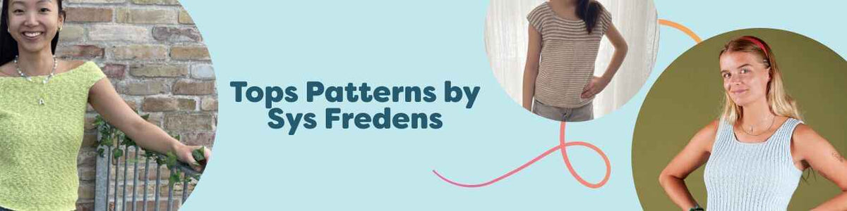 Selection of knit and crochet top patterns by Sys Fredens for women and children, featuring summer tanks and tees styled with Hobbii yarn.