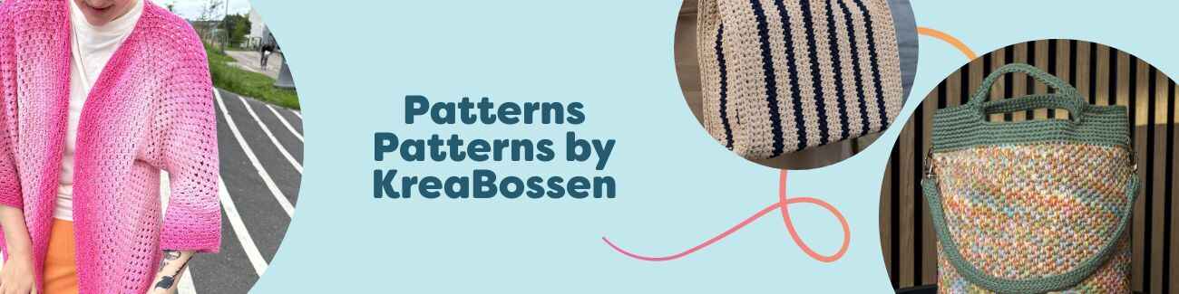KreaBossen knitting and crochet pattern collection at Hobbii featuring bags, cardigans, scarves, and baby blankets in modern Scandinavian styles.
