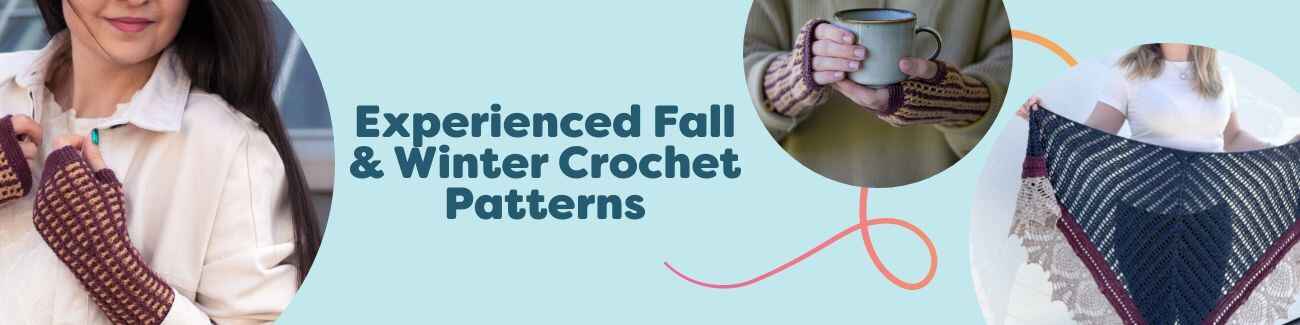 Fall and winter crochet projects—fingerless mittens, warm shawls, and a sweater in Hobbii yarns for intermediate makers.